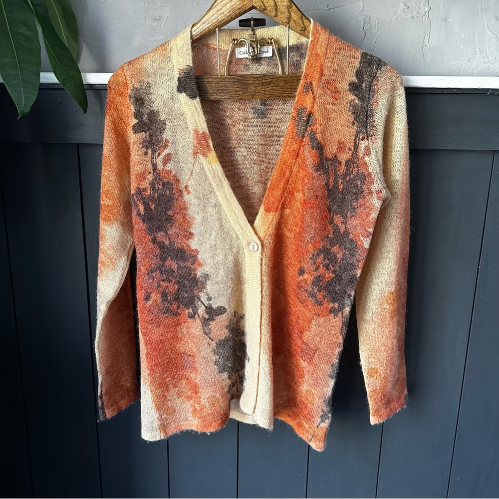 Coldwater Creek Wool/Mohair Blend One Button Painted Floral Cardigan Size L - Picture 1 of 14